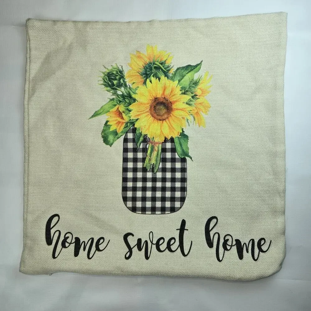 Lot of 3 Square Throw Pillow Covers Farmhouse Sunflower Gingham Black 18x18